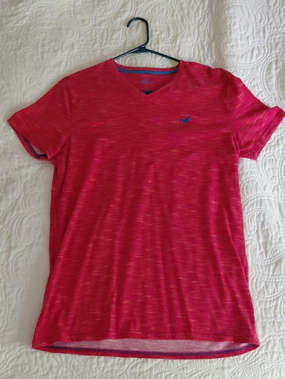 Hollister Men's V-Neck Tee in Heathered Red with Blue Logo